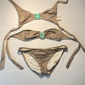 Trina Turk Womens 3 Piece Bikini Set Designer Taupe Turquoise Embellished Size 6